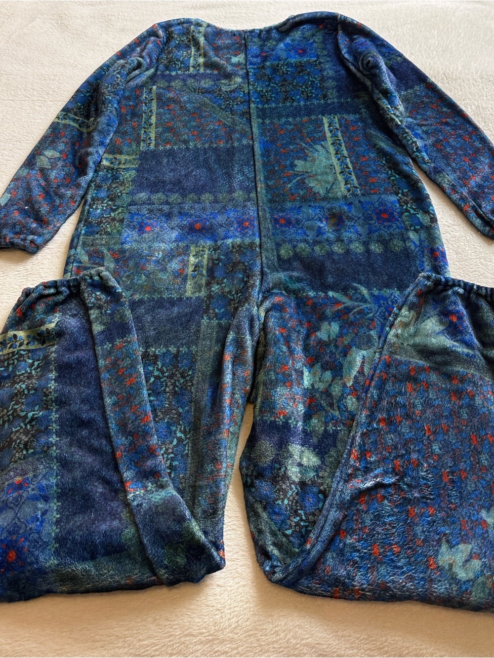 Natural Life Blue Patchwork Floral Fleece One Piece Pajama Jumpsuit Small - Picture 9 of 9